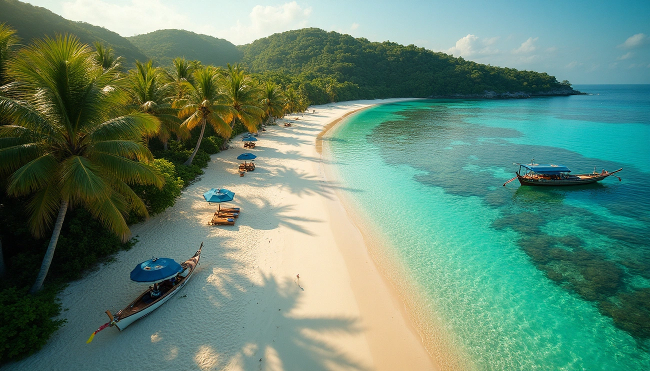 A pristine tropical beach in Phuket with turquoise water, palm trees, wooden boats, and sun loungers under blue umbrellas.